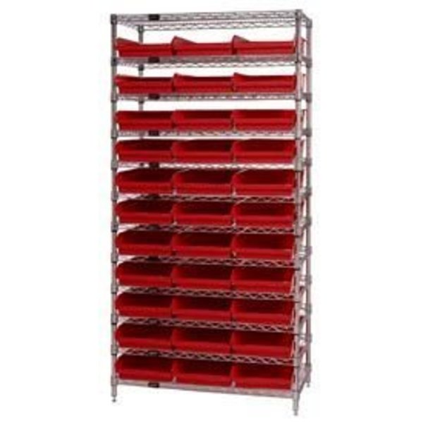 Global Equipment Chrome Wire Shelving with 33 4"H Plastic Shelf Bins Red, 36x18x74 268975RD